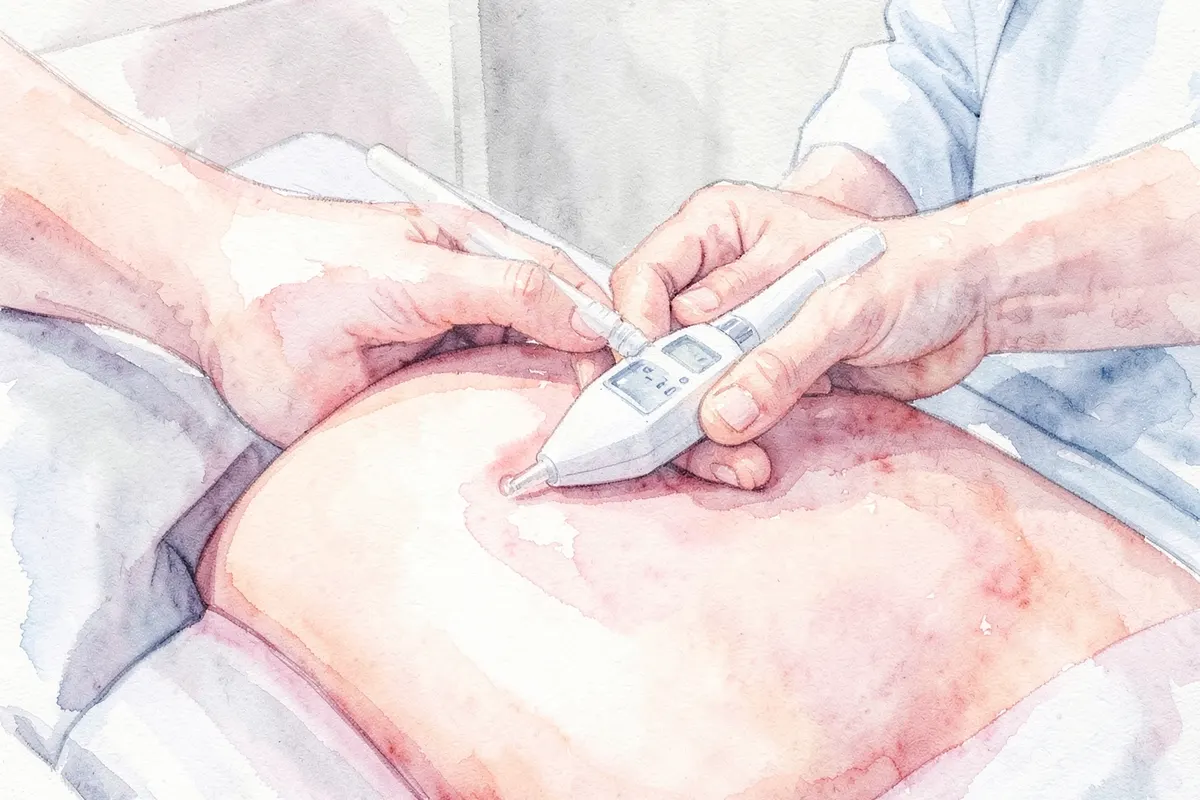 Mãos de um médico segurando um ultrassom pélvico em uma clínica