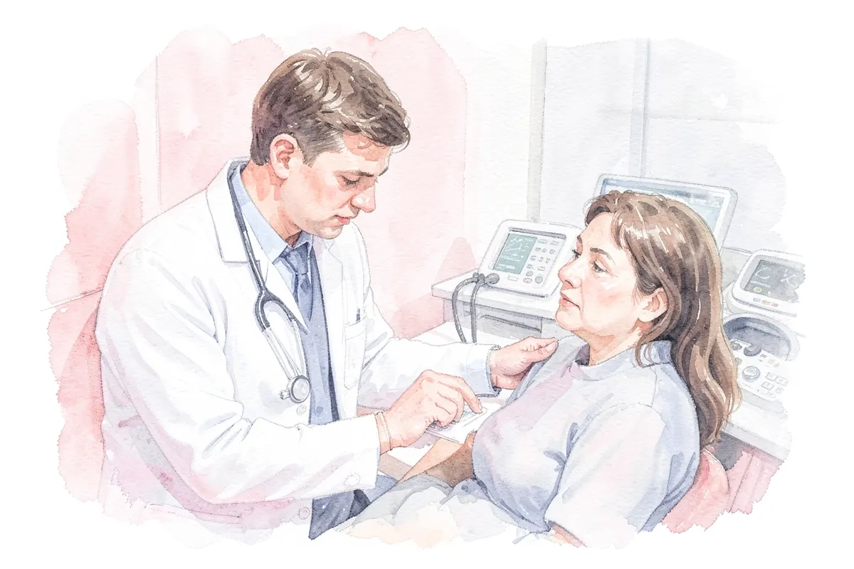 Médico examinando paciente em consultório com equipamento médico ao fundo