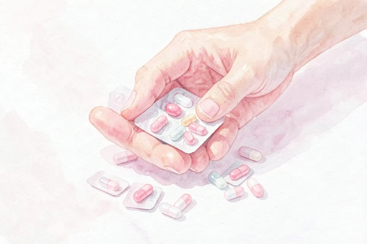 Mão feminina segurando diferentes tipos de pílulas anticoncepcionais, com foco nas embalagens.
