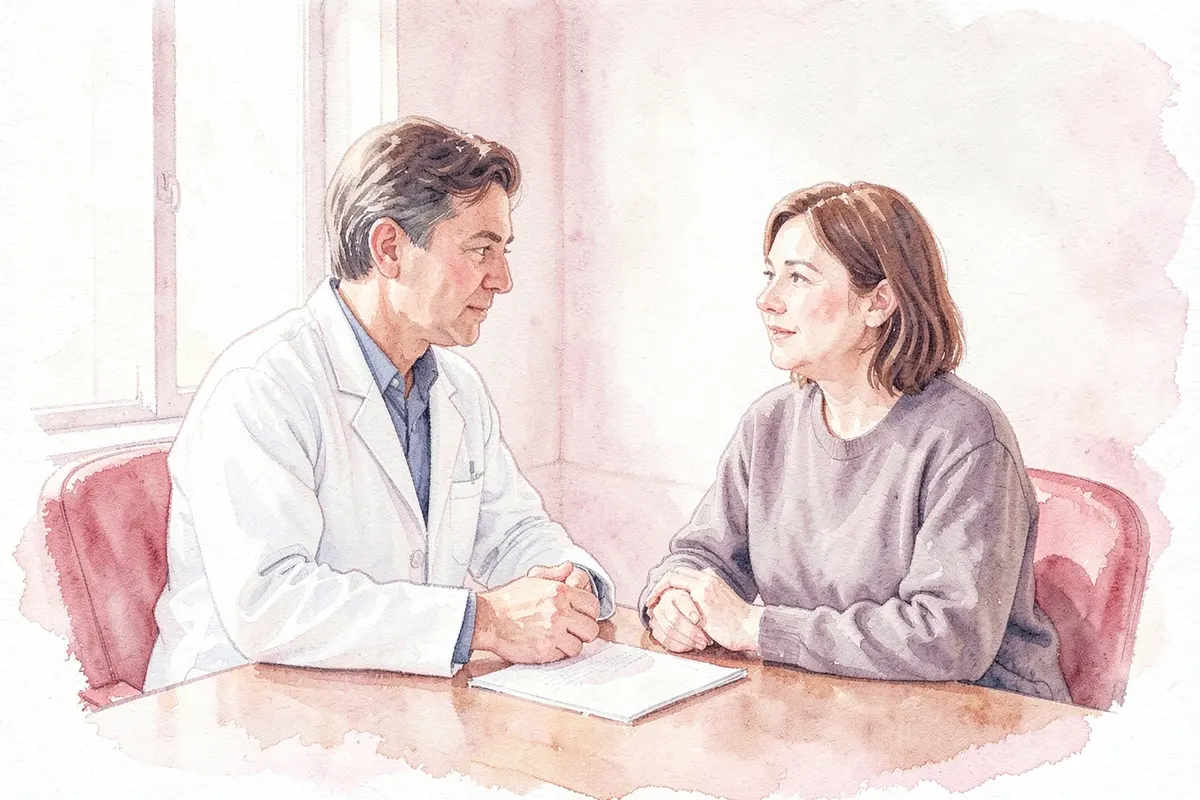 Médica conversando com uma paciente em um consultório, ambas com expressões atentas.
