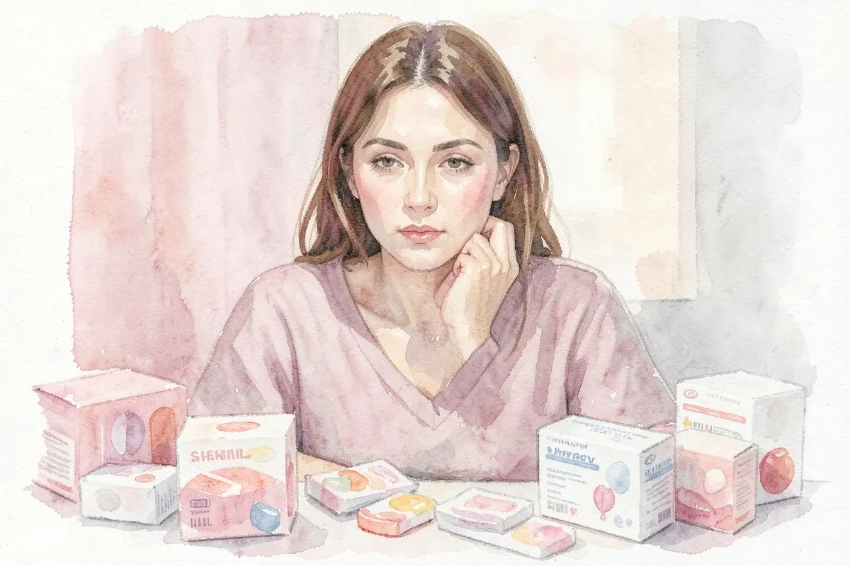 Mulher pensativa olhando para diferentes opções de embalagens de métodos contraceptivos.