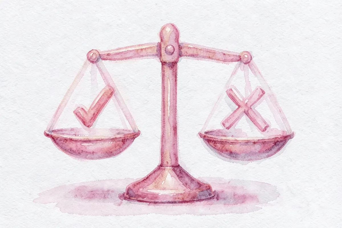 Balança de dois pratos, um com um símbolo de 'check' (positivo) e outro com um 'X' (negativo).