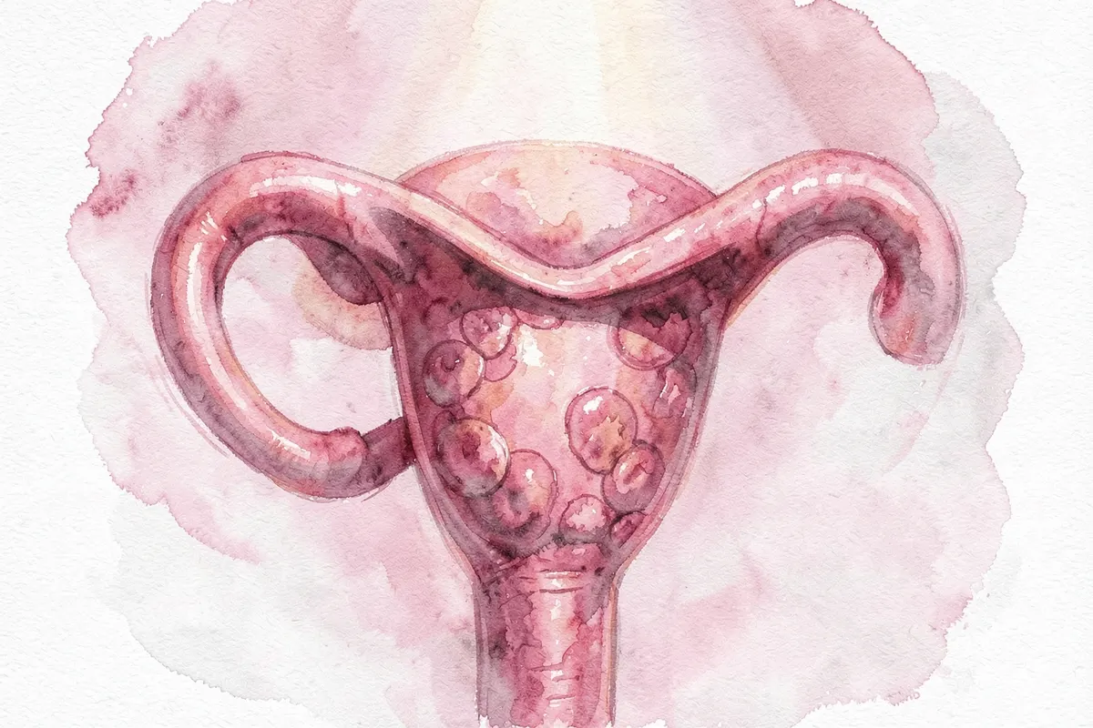 Close-up de um útero com tecido endometrial fora do lugar, simulando endometriose.