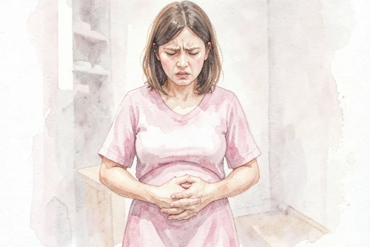 Mulher com expressão de dor abdominal, segurando a barriga.