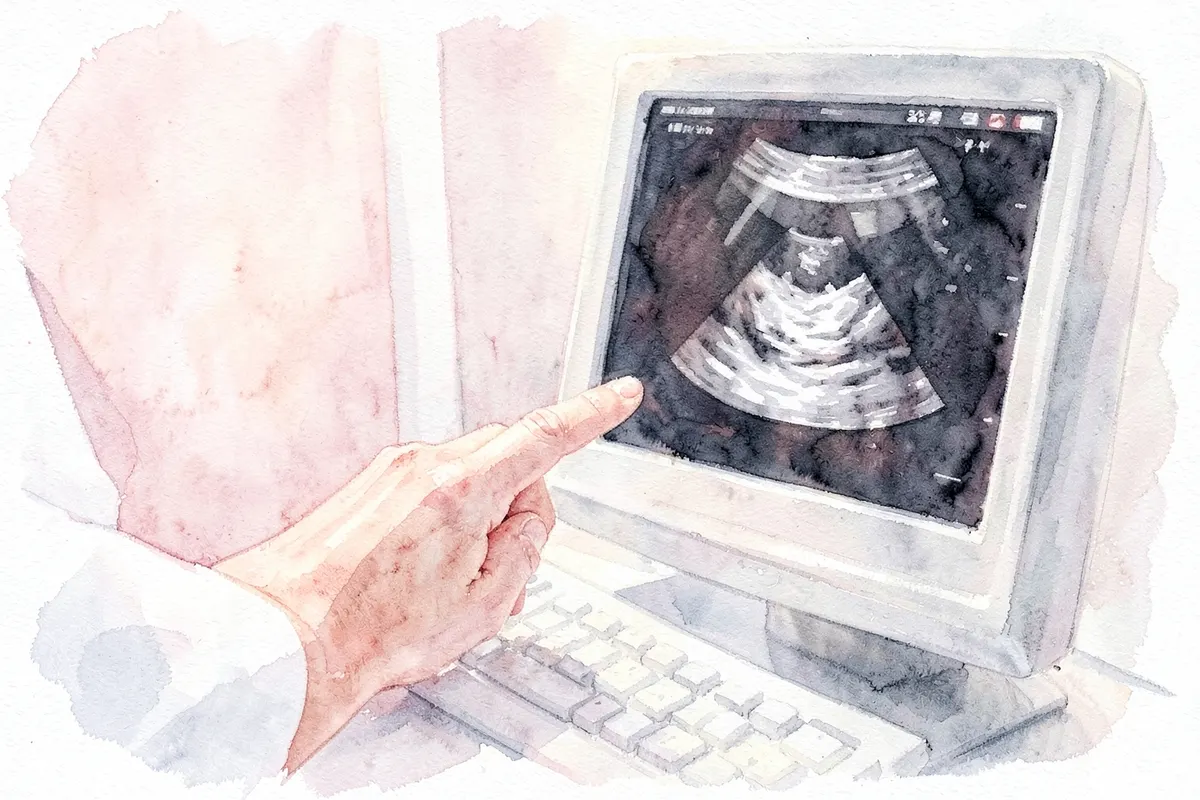 Mãos de médico examinando ultrassom em tela de computador.