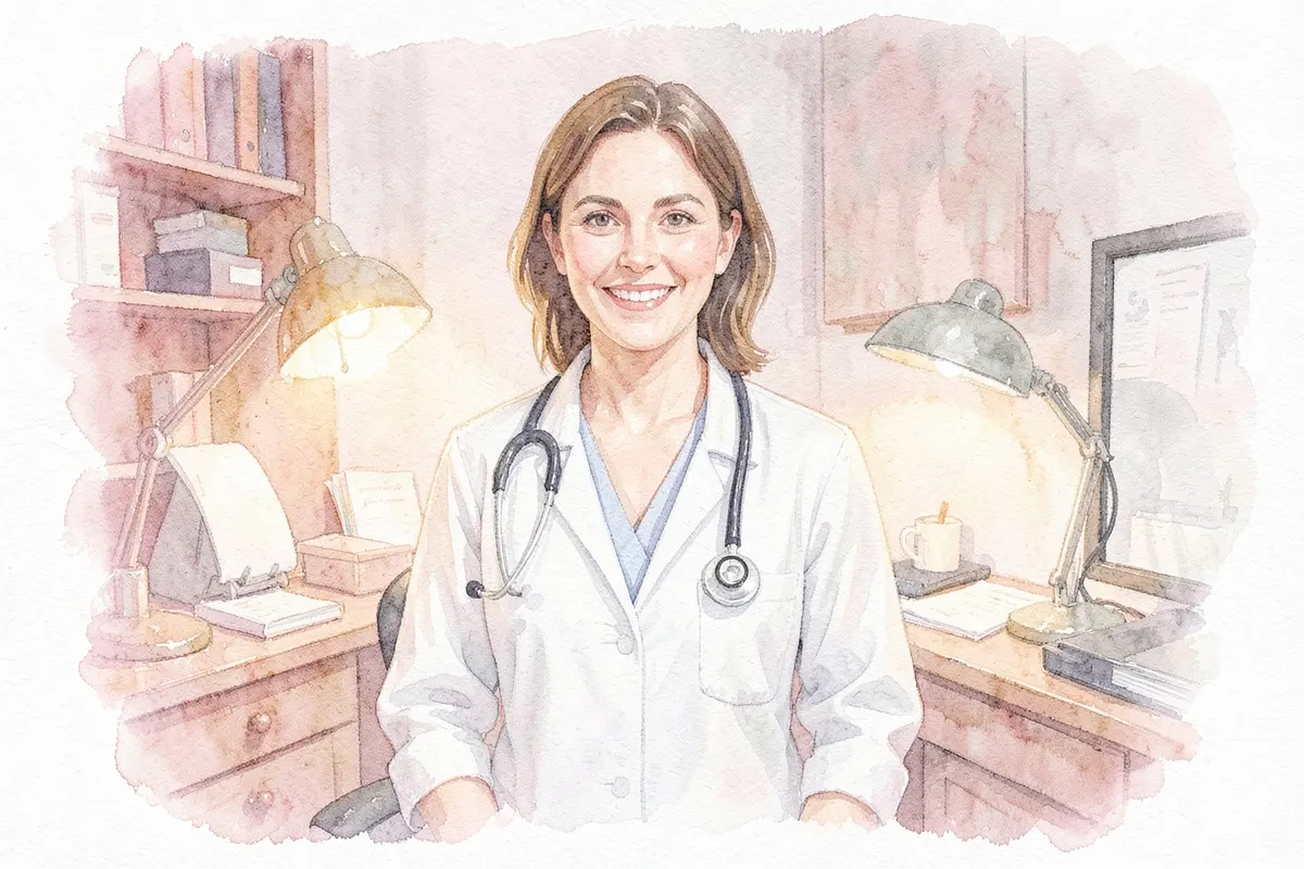 Ginecologista especialista em endometriose em consultório, com estetoscópio e sorriso acolhedor.