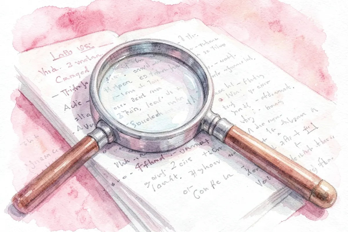 Close-up de uma lupa sobre um documento com anotações médicas.