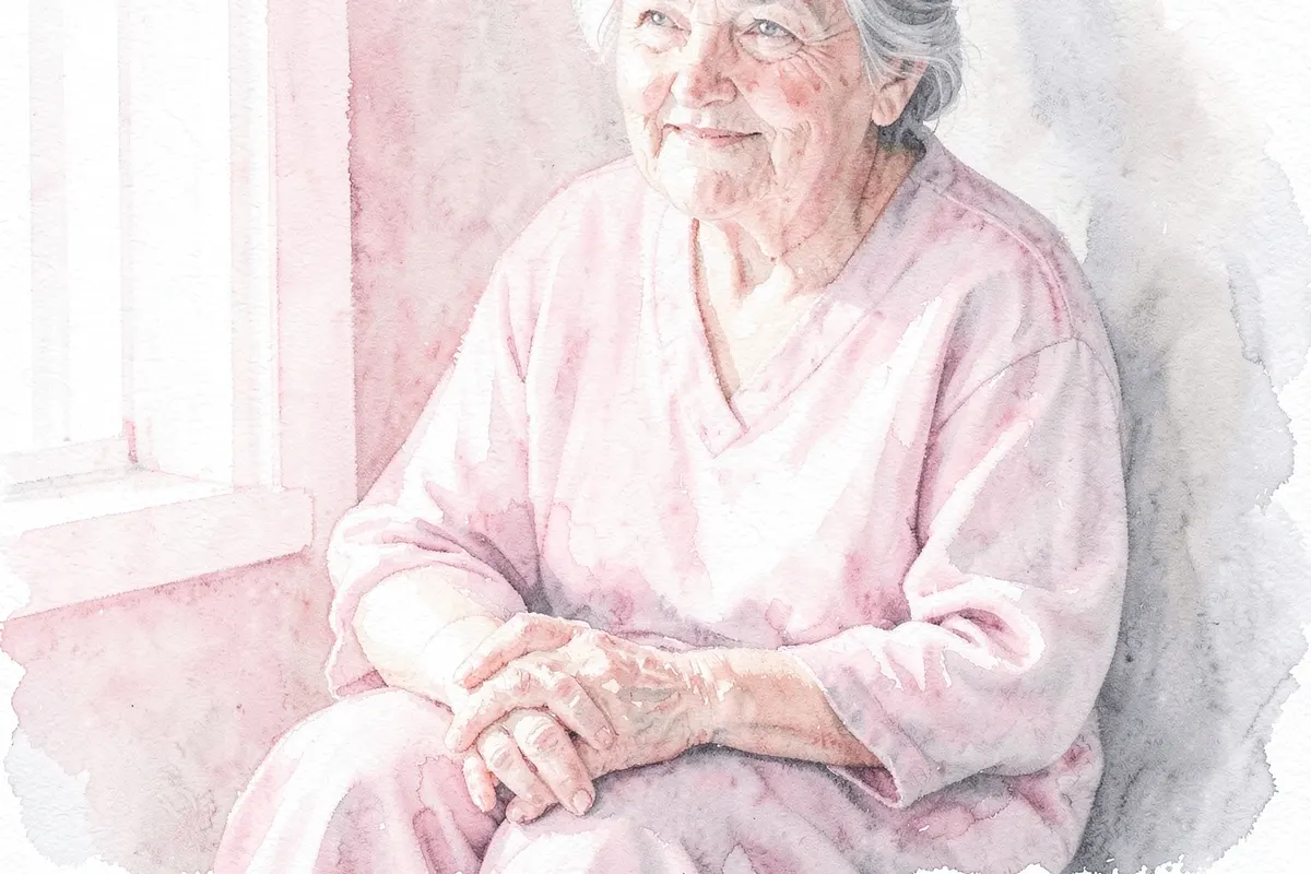 Mulher mais velha sorrindo gentilmente, com as mãos sobre o colo.