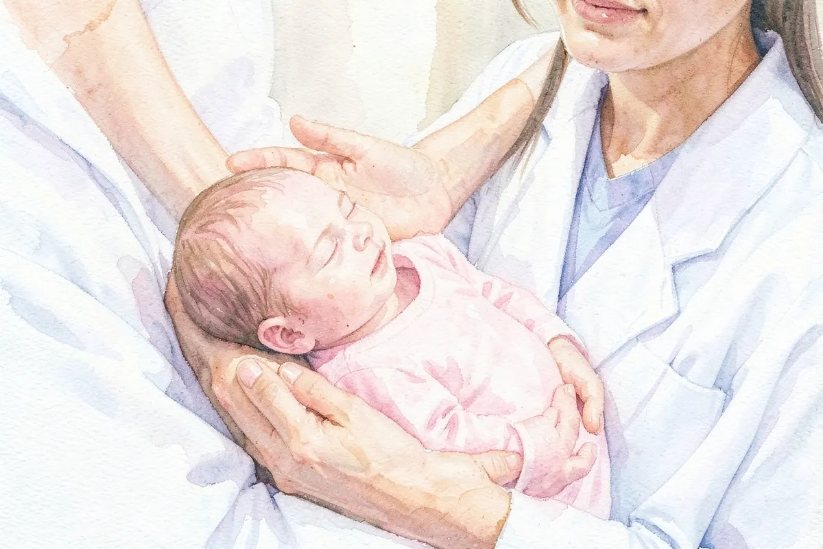 Bebê recém-nascido sendo segurado nos braços de um médico, com as mãos da mãe ao fundo.