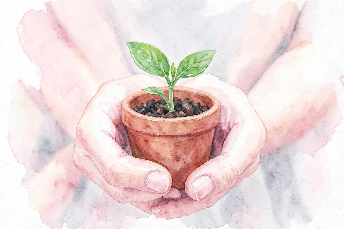 Close-up de mãos femininas segurando delicadamente um pequeno vaso com uma planta verde, simbolizando crescimento e cuidado.
