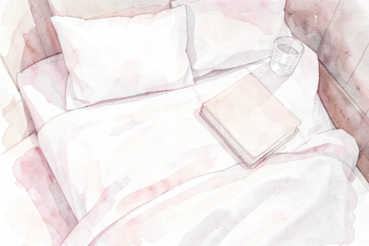 Vista superior de uma cama arrumada com lençóis brancos, um copo d'água e um livro sobre o travesseiro, indicando repouso e conforto.