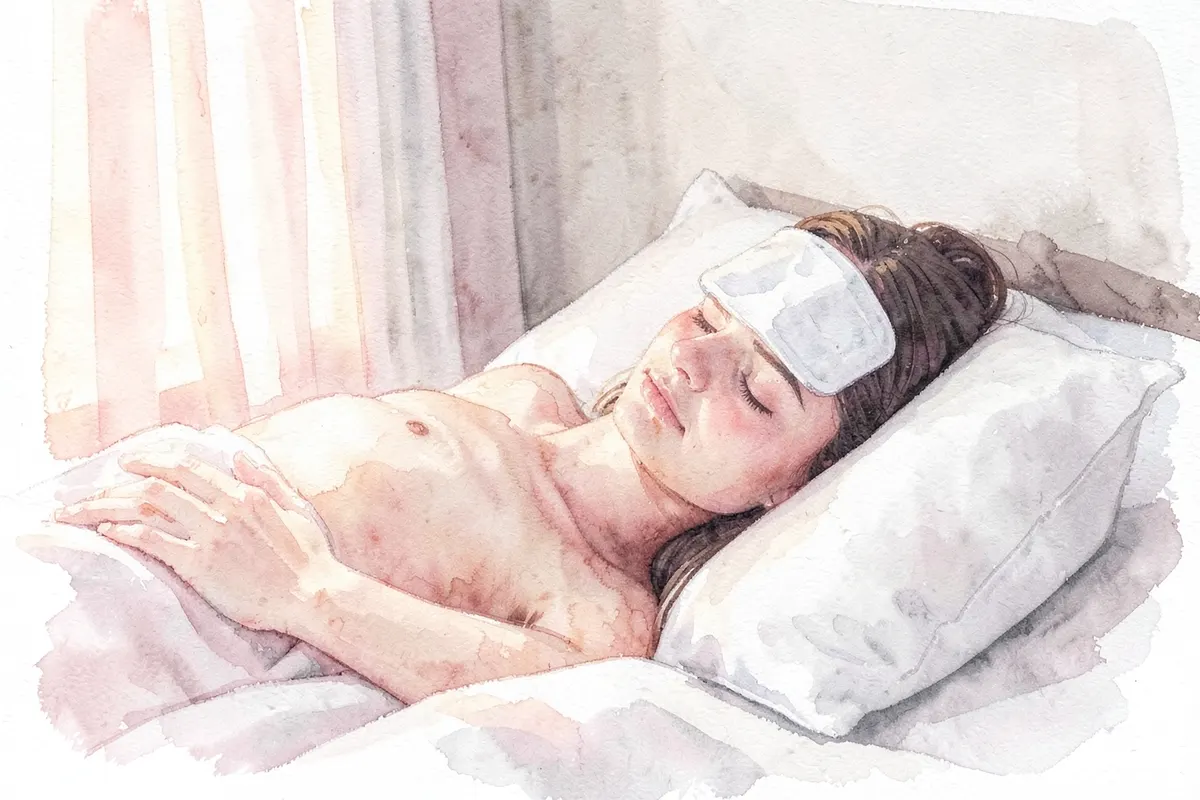 Mulher deitada em uma cama, com uma compressa fria na testa, em um ambiente calmo e iluminado por luz natural suave.