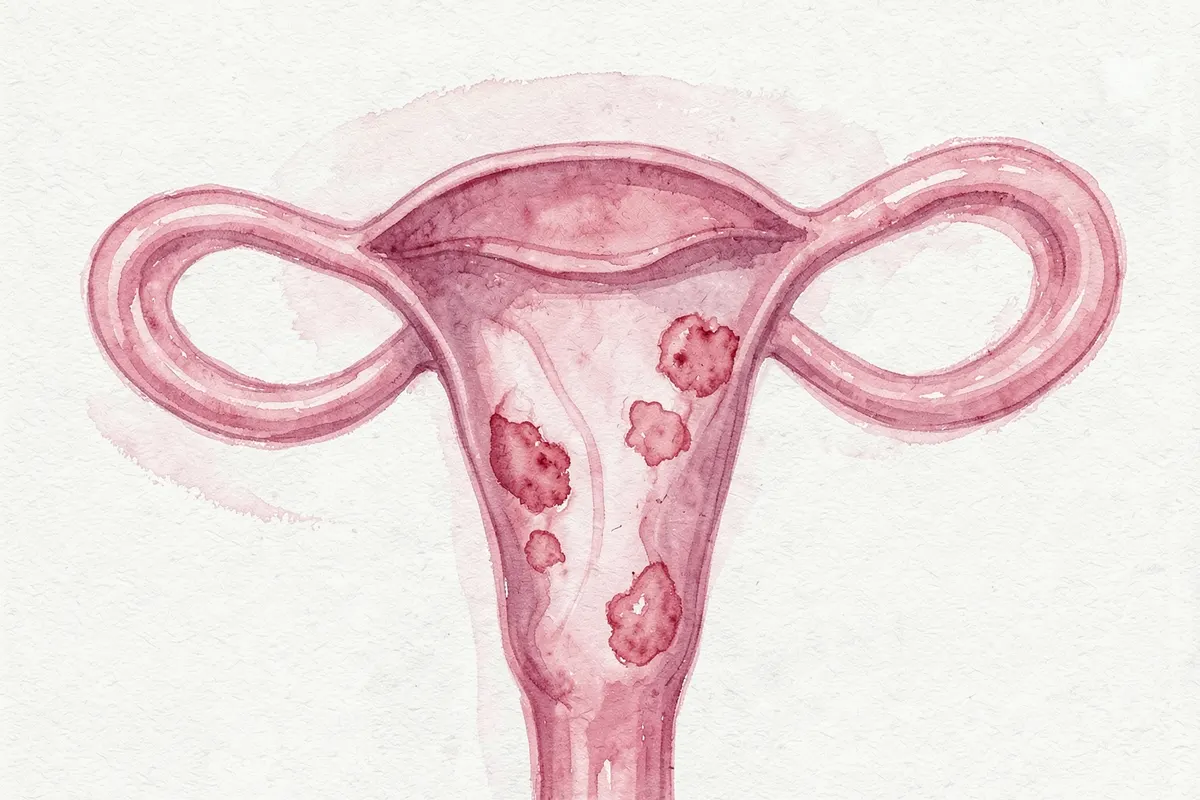 Ilustração médica mostrando o útero com focos de endometriose nos ovários e trompas.
