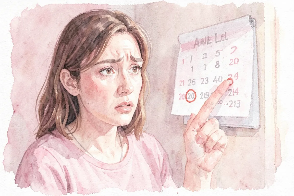 Mulher olhando para o calendário com preocupação, com um atraso menstrual em destaque.