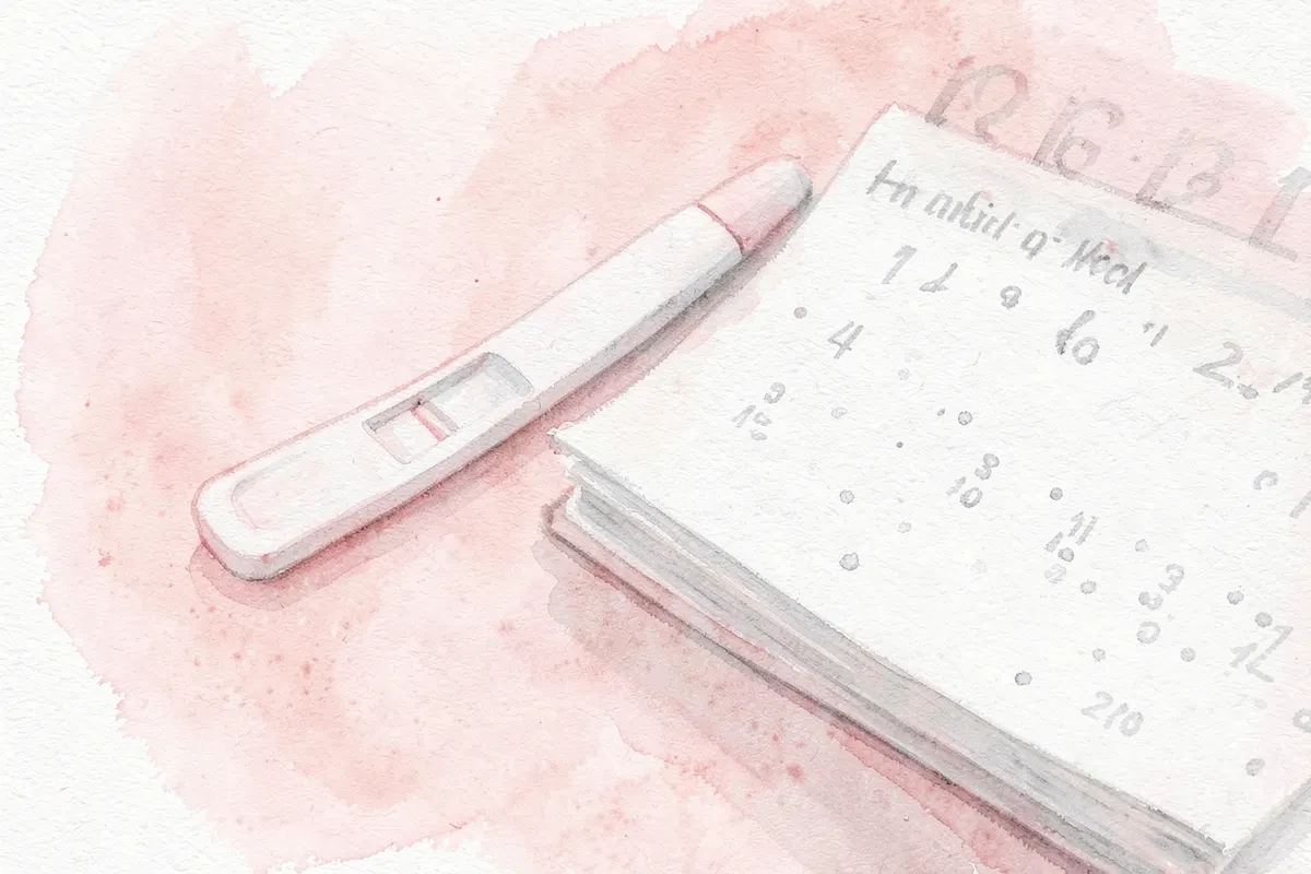 Close-up de um teste de gravidez com resultado negativo ao lado de um calendário.