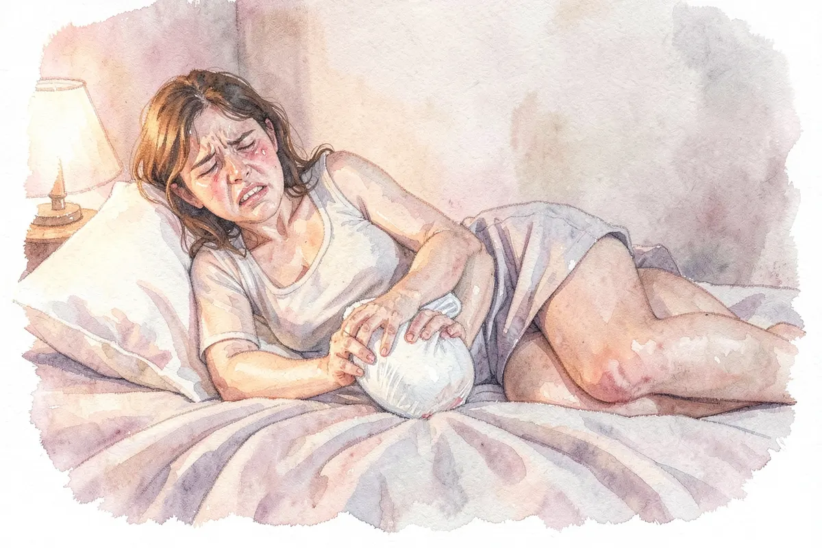 Mulher deitada na cama com bolsa de água quente na barriga, sentindo cólicas.