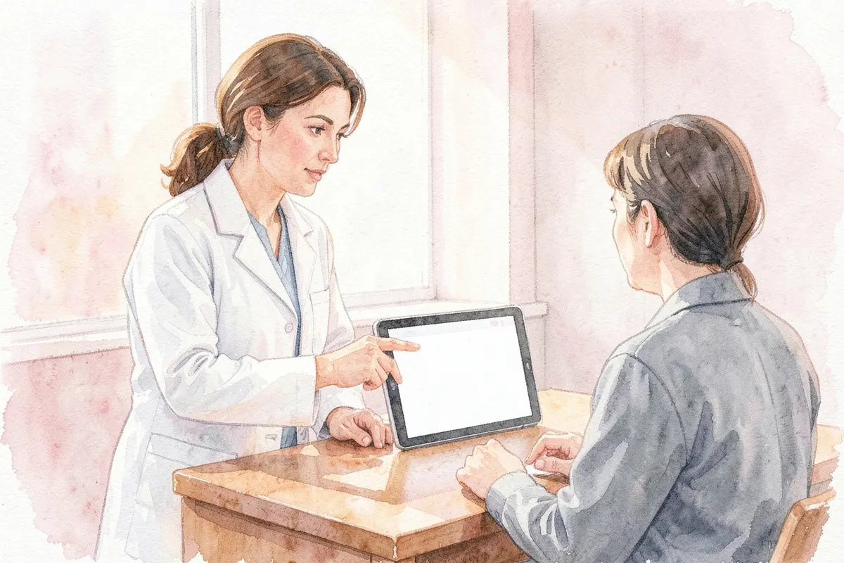 Médica conversando com paciente em um consultório, mostrando um exame em um tablet.
