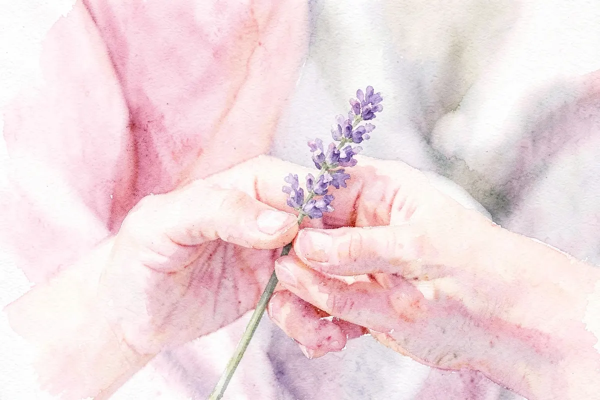 Mãos de uma mulher segurando um pequeno ramo de lavanda, com foco suave ao fundo.