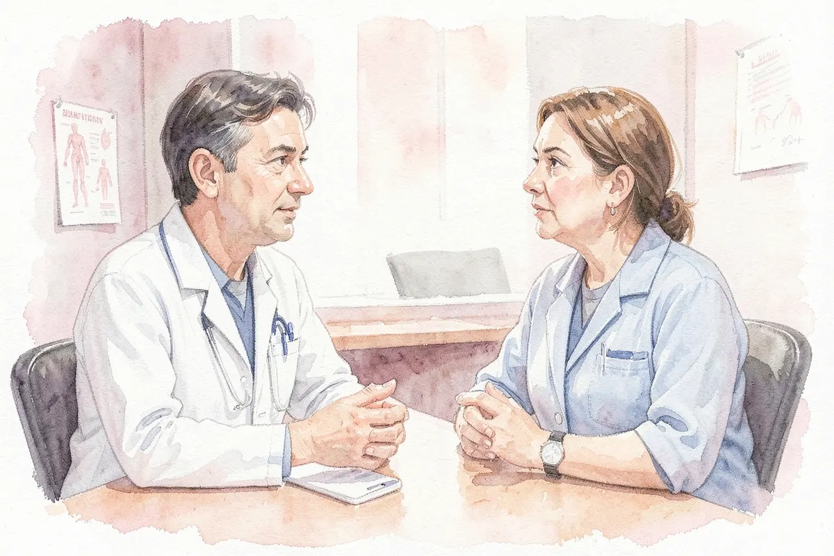 Médico(a) conversando com paciente em consultório, ambos com expressões atentas.