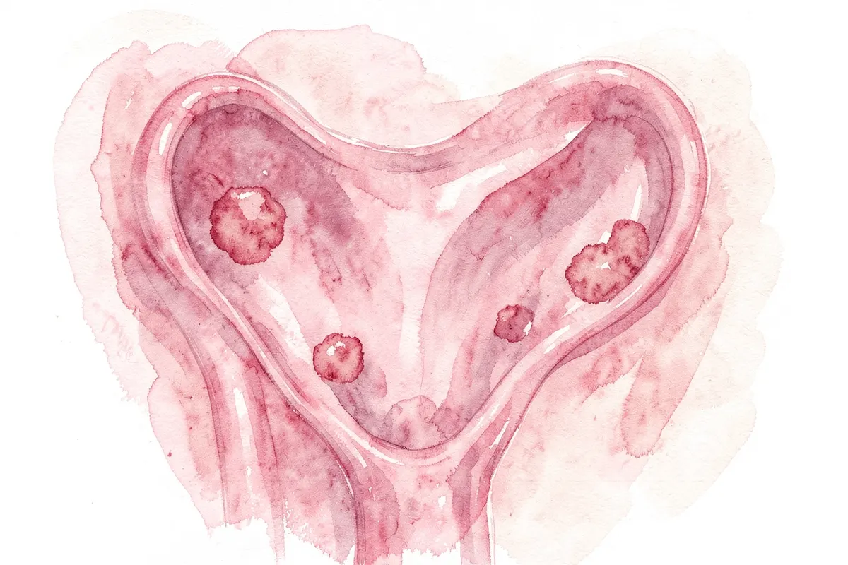 Ilustração médica mostrando o útero com focos de endometriose nos ovários e trompas de Falópio