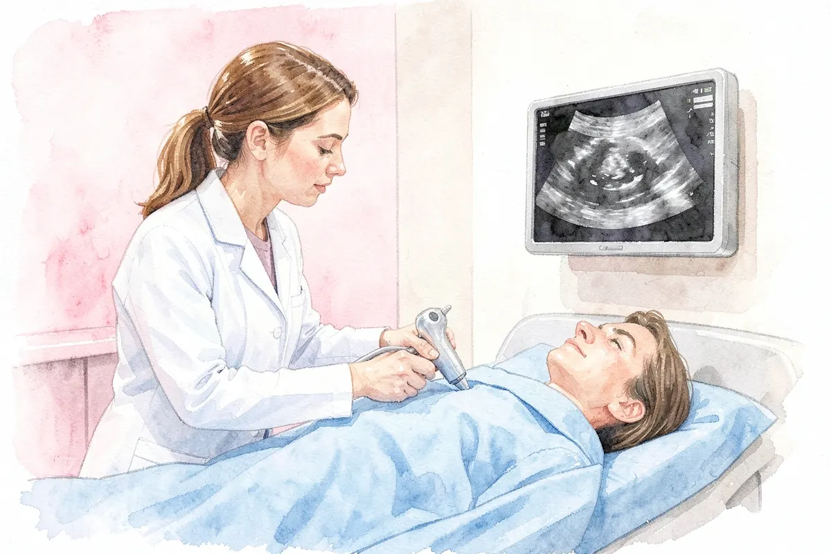 Médico examinando uma paciente com ultrassom pélvico