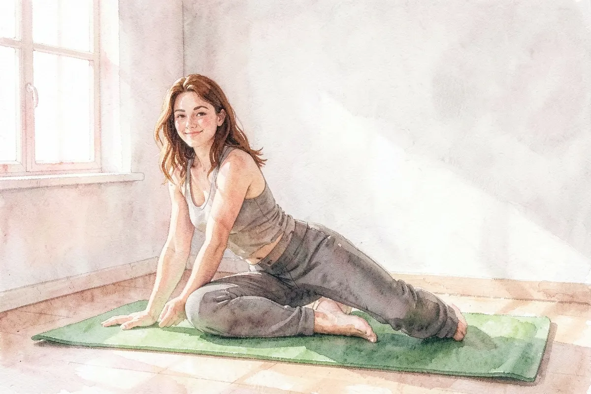 Mulher sorrindo enquanto pratica yoga em um tapete em casa
