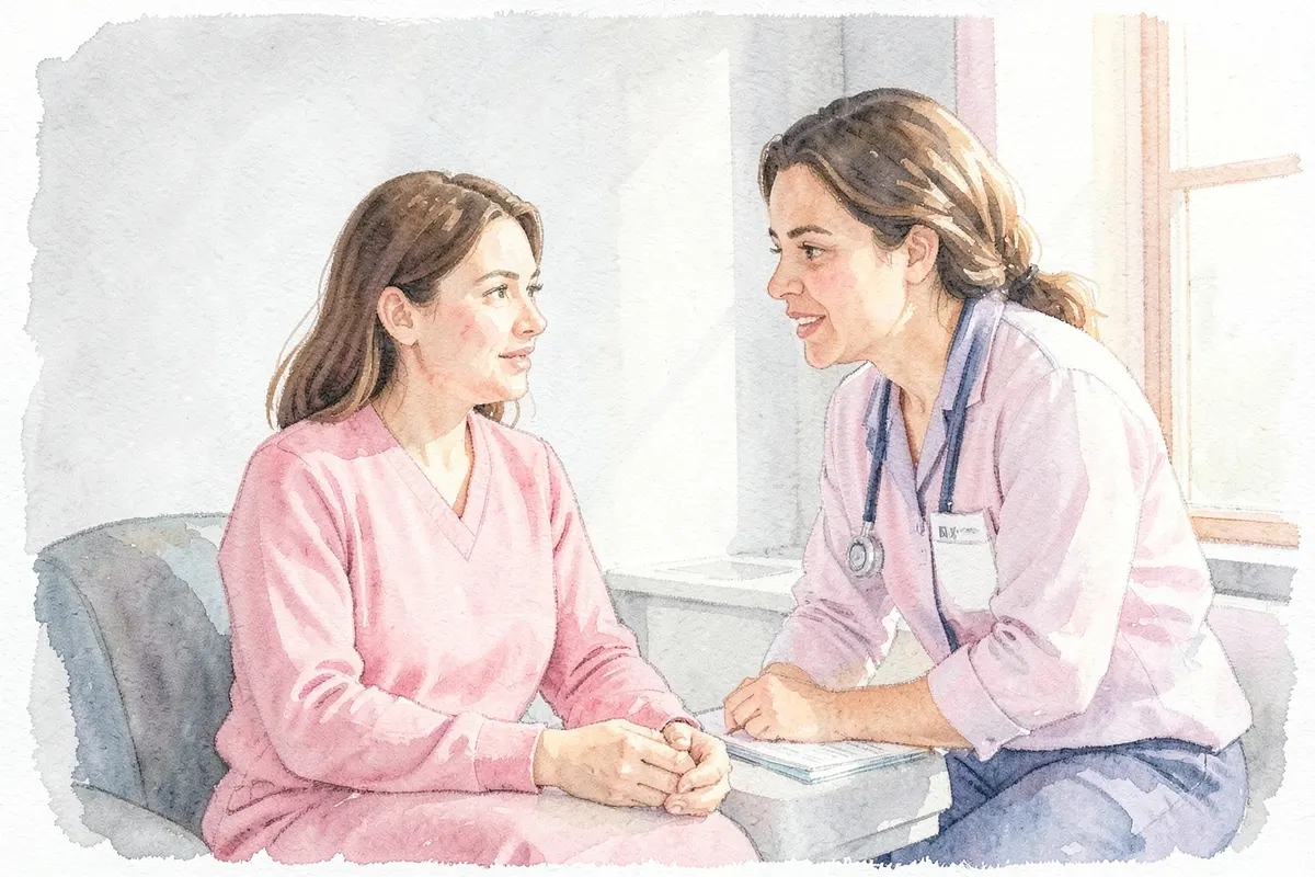 Mulher em consulta médica, conversando com um profissional de saúde.