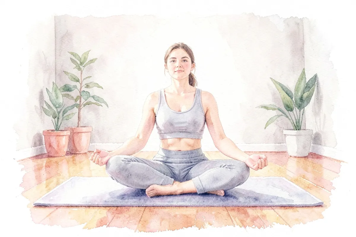 Mulher praticando yoga em um ambiente tranquilo e iluminado.
