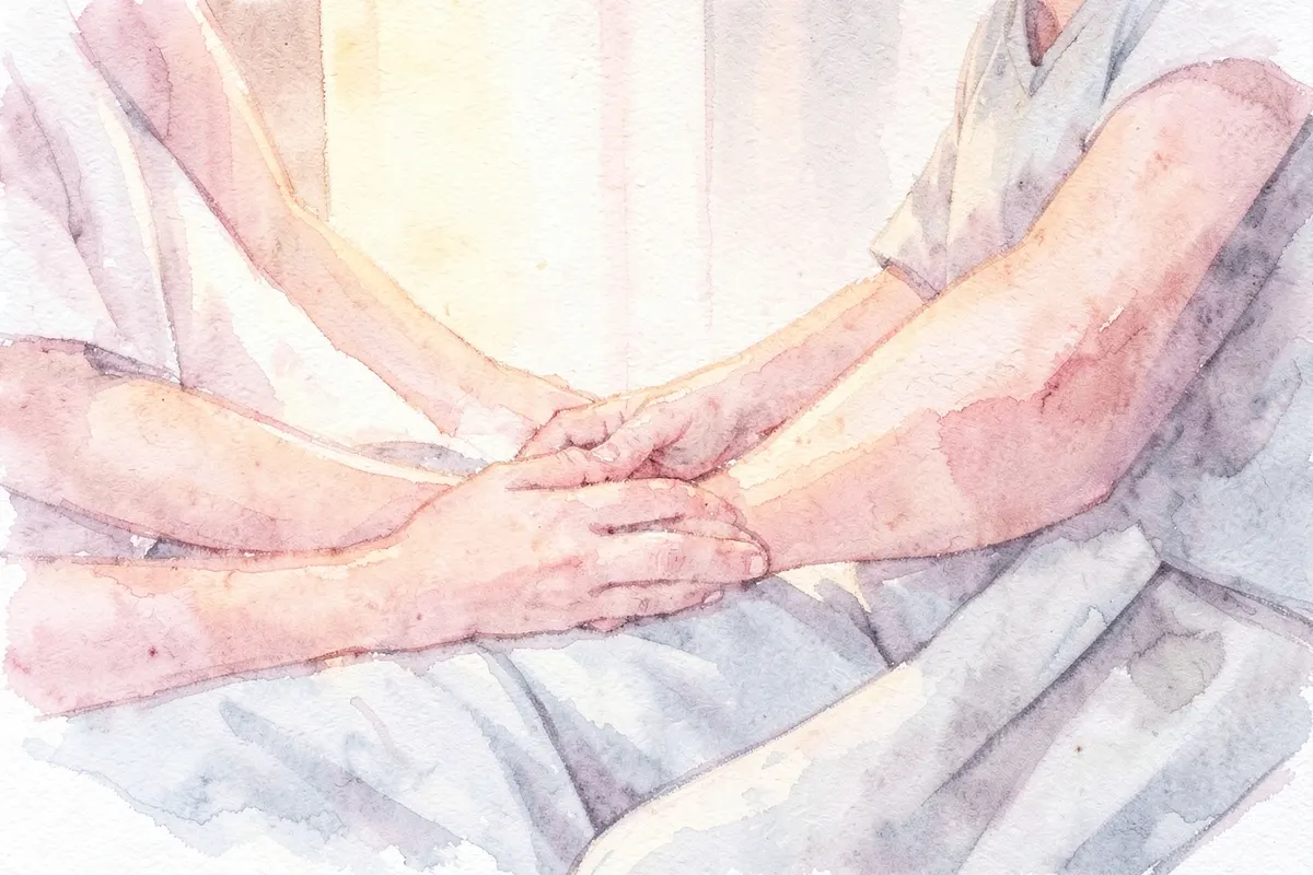 Mãos de uma enfermeira ajudando um paciente a se levantar da cama do hospital com cuidado.