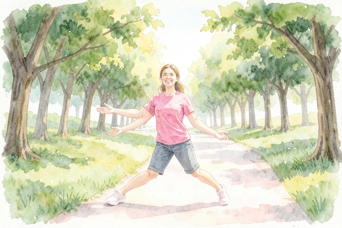Mulher sorrindo e se exercitando levemente em um parque após a recuperação cirúrgica.