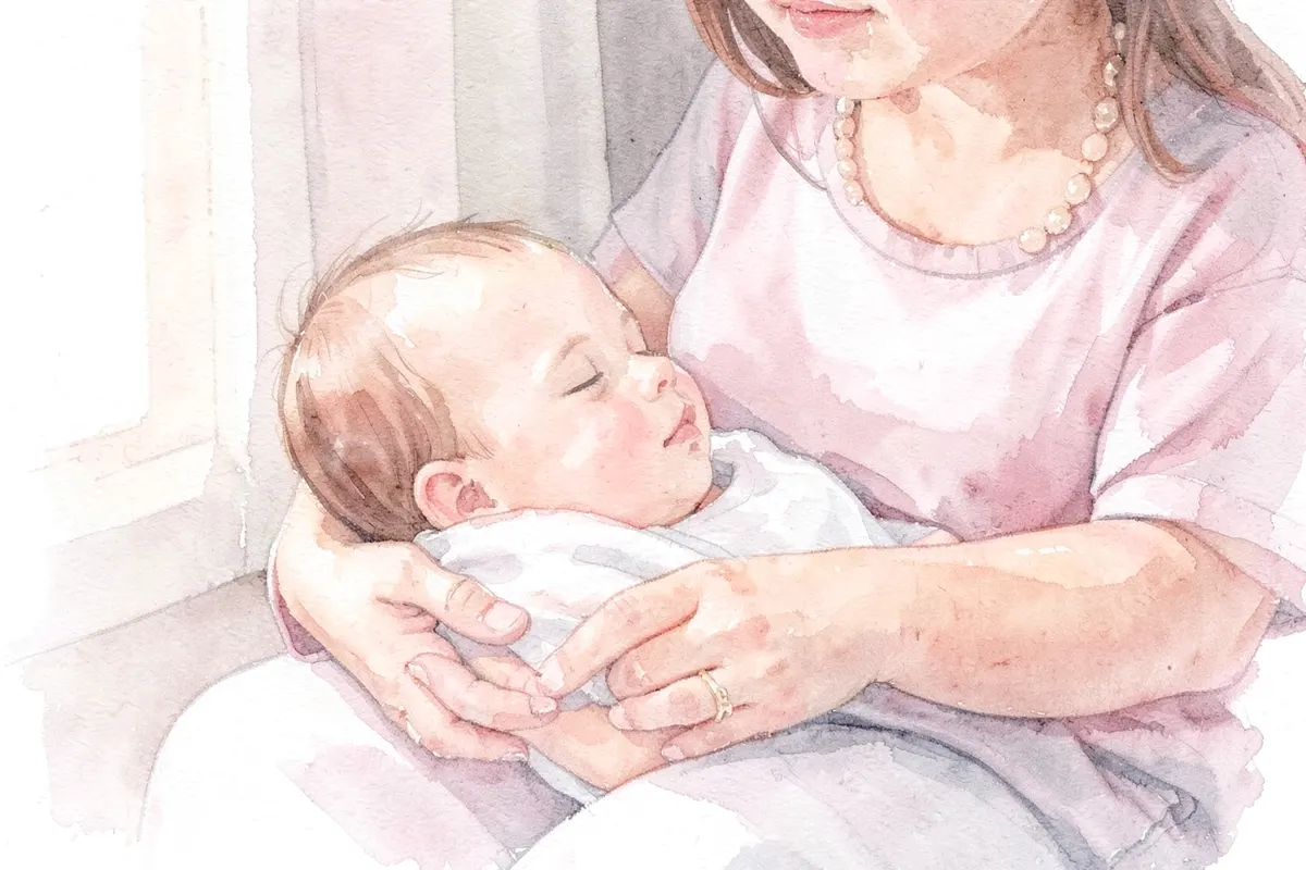 Bebê dormindo tranquilamente no colo da mãe enquanto ela o segura com ternura.