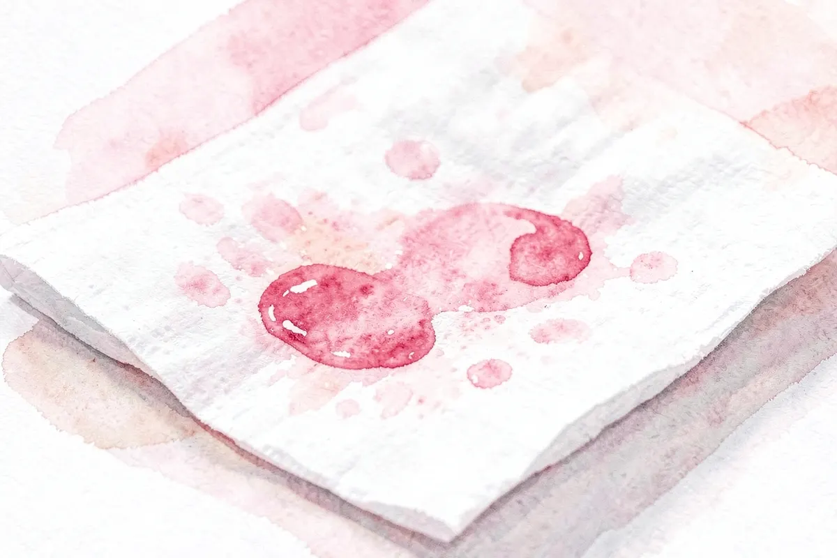 Close-up de gotas de sangue em um absorvente higiênico, representando a menstruação.