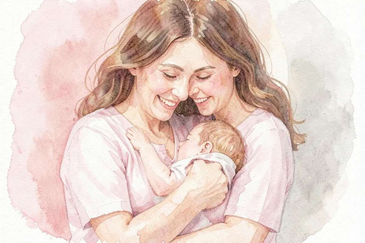Mãe sorrindo enquanto amamenta seu bebê, com foco na conexão entre eles.
