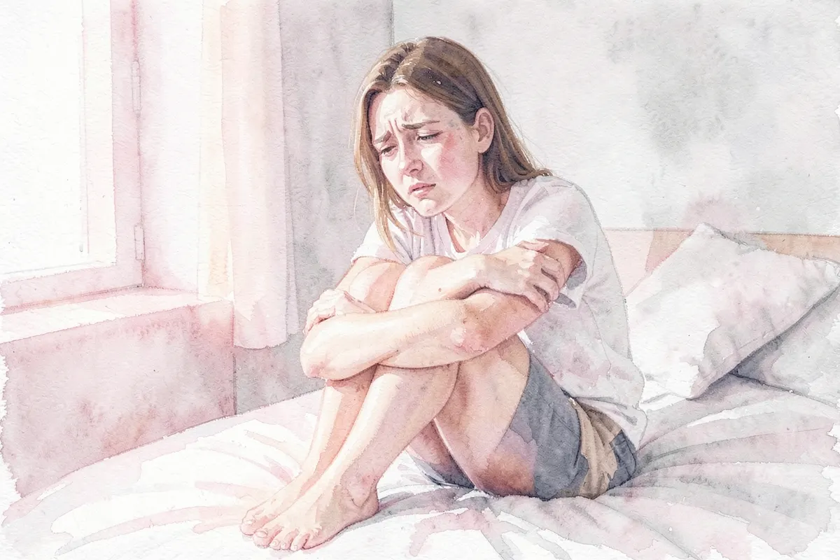 Mulher sentada na cama, abraçando os joelhos, com expressão de dor leve, em um quarto com luz suave.
