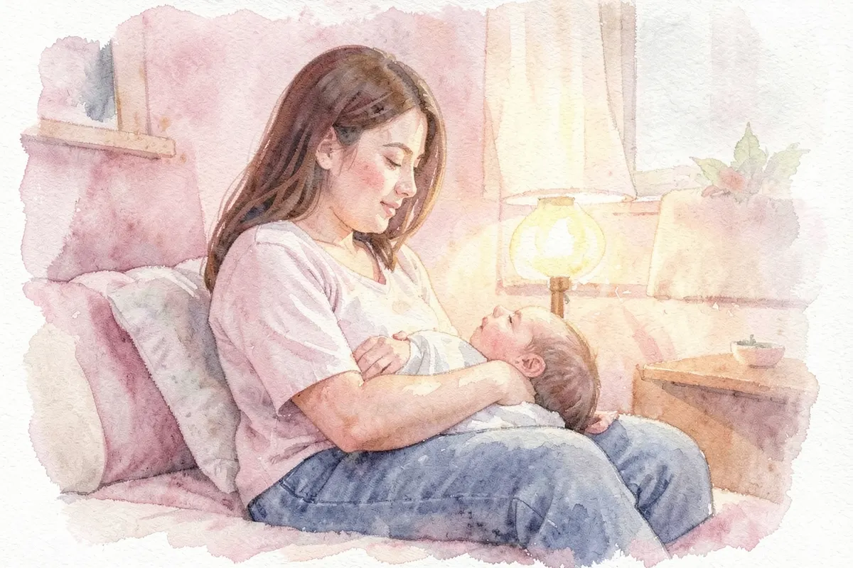 Mãe amamentando o bebê no colo, em um ambiente doméstico aconchegante.