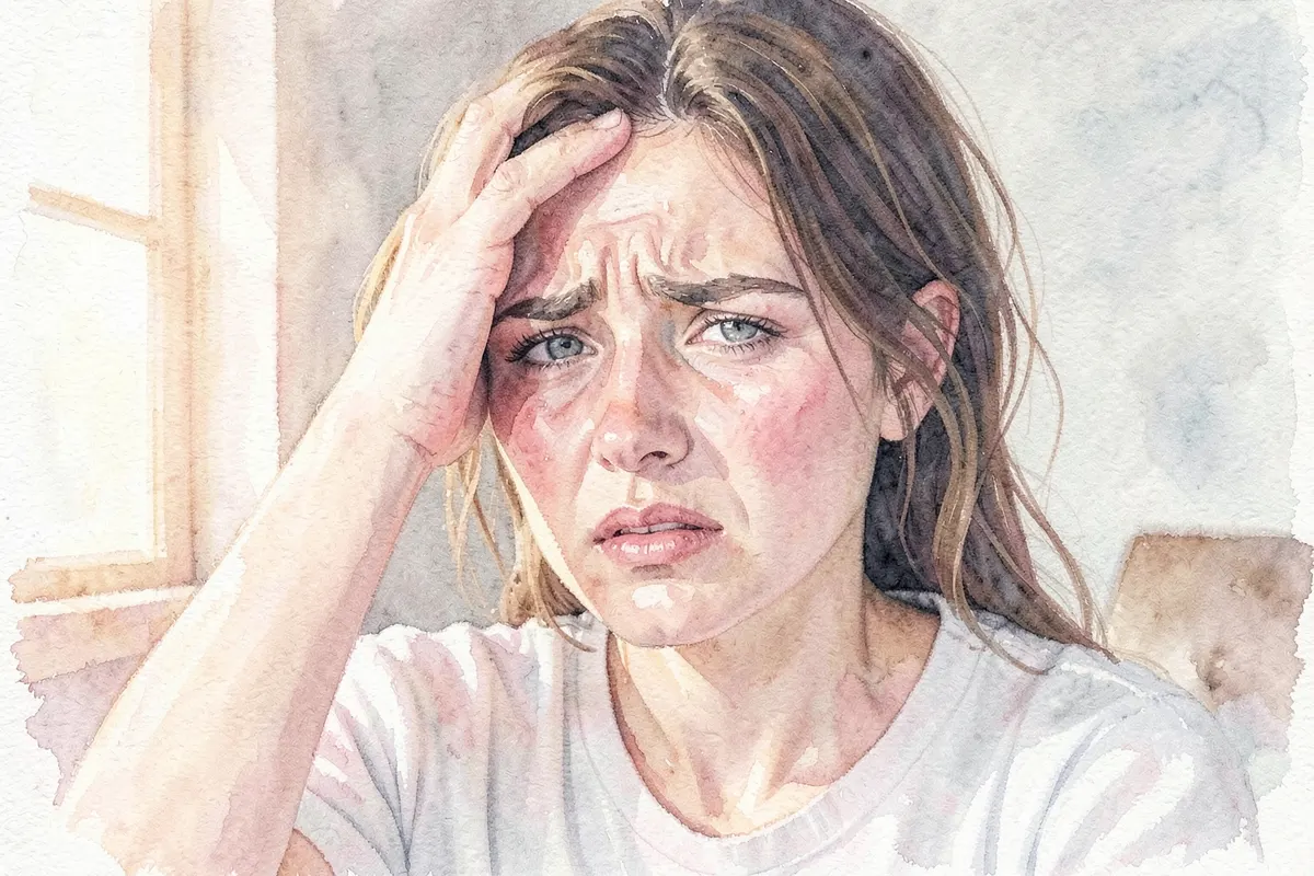 Close-up de uma mulher sentindo ondas de calor, com a mão na testa e expressão de desconforto, em um quarto com luz natural.