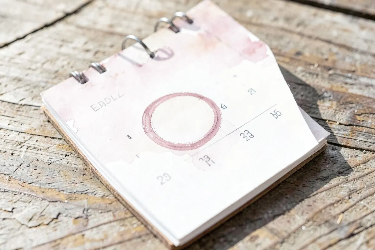 Calendário com um círculo em um dia específico, representando a idade em que a menopausa pode começar, em uma mesa de madeira.