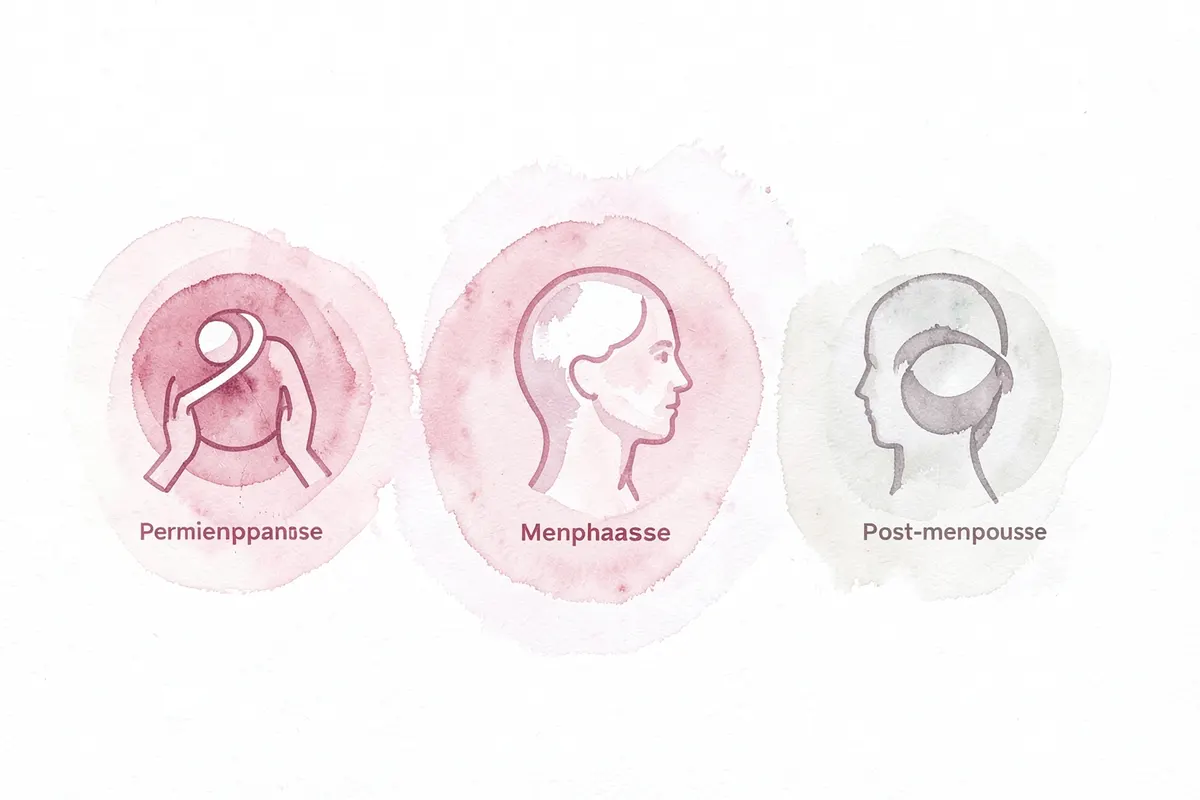 Ilustração esquemática mostrando três fases distintas: perimenopausa, menopausa e pós-menopausa, com ícones representativos.