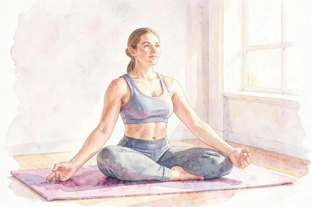 Mulher praticando yoga em um ambiente tranquilo e iluminado, com expressão serena, em um tapete de yoga.