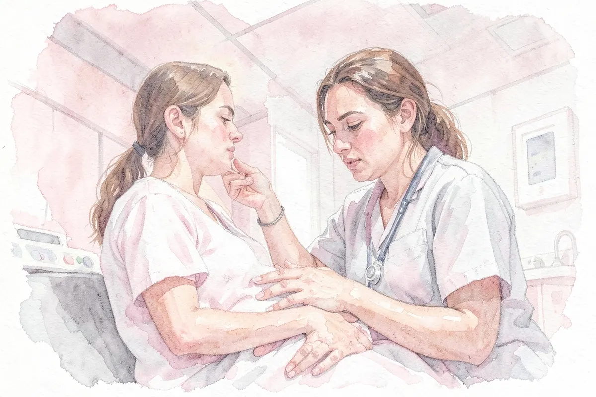 Mulher em trabalho de parto, apoiada em um profissional de saúde, com expressão de esforço e concentração. A cena é um plano médio, mostrando a parte superior do corpo da mulher e o profissional ao seu lado. O ambiente é um quarto de hospital com iluminação artificial, focando na interação entre a mulher e o profissional. A luz é clara e uniforme, vinda de cima. O momento é de esforço durante o parto normal.
