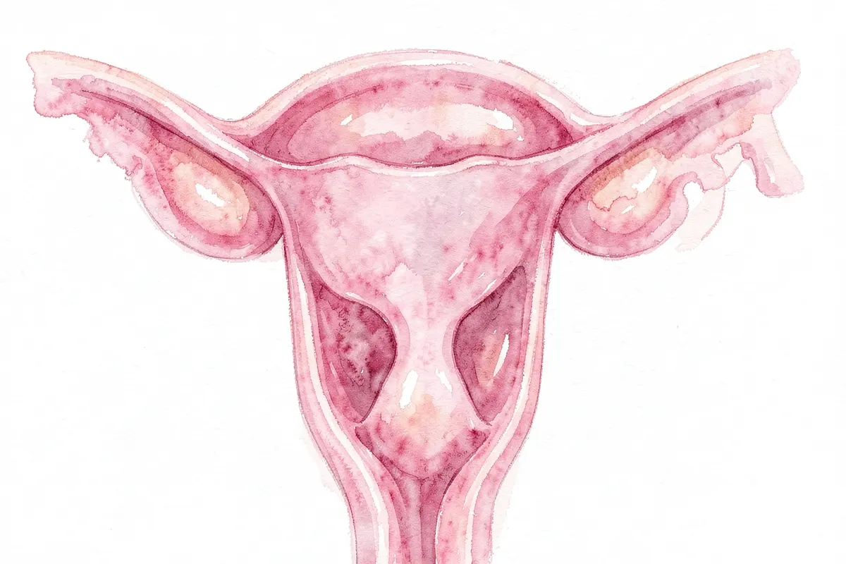 Ilustração médica mostrando o útero e ovários com focos de endometriose