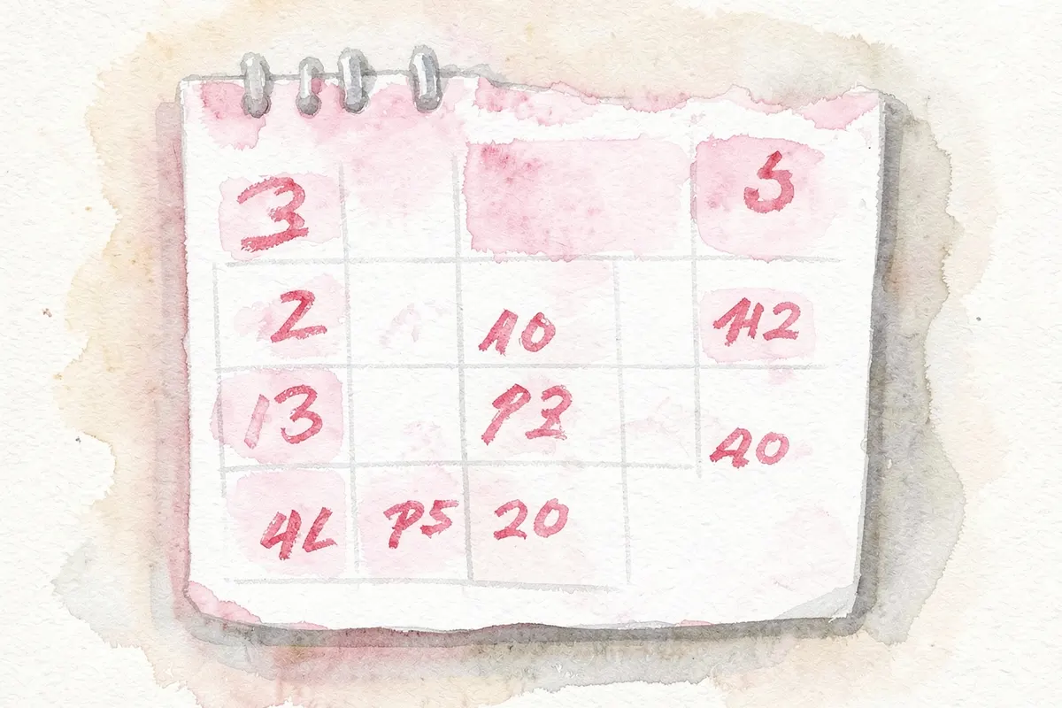 Close-up de um calendário com marcações vermelhas em vários dias do mês