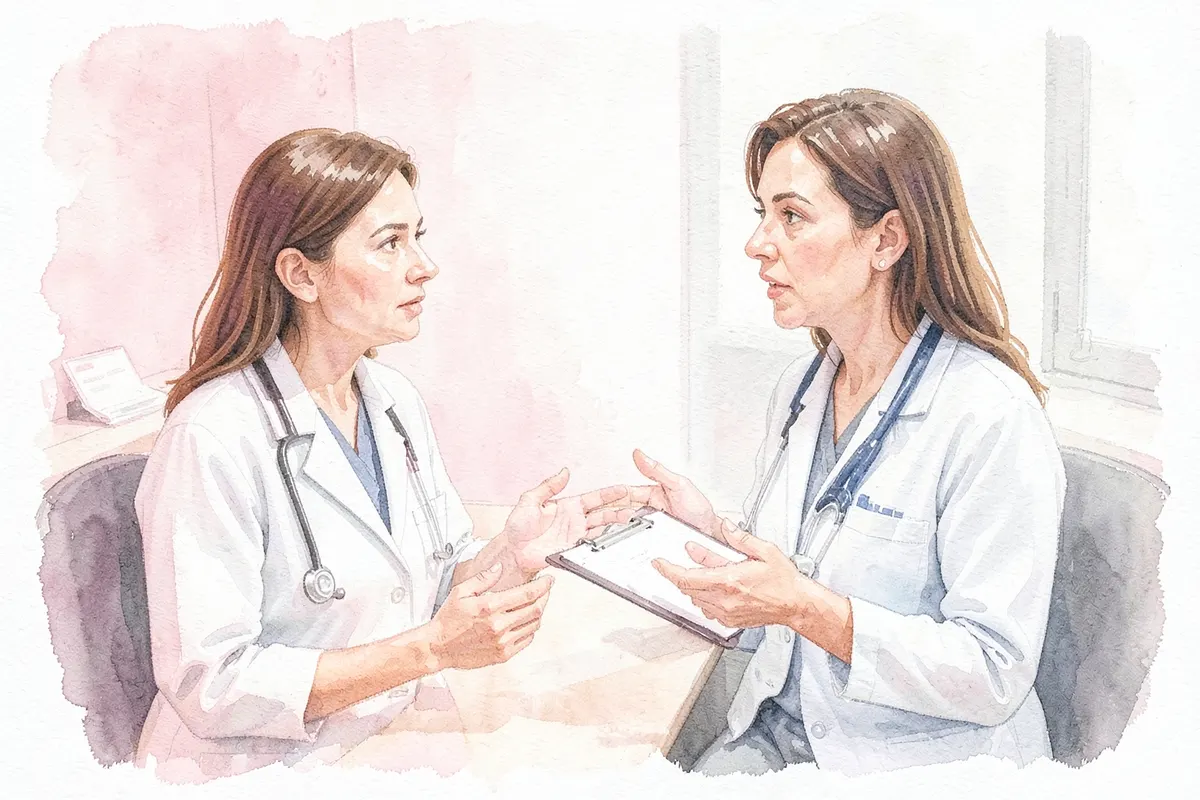 Mulher em consulta médica, conversando com o ginecologista que segura uma prancheta