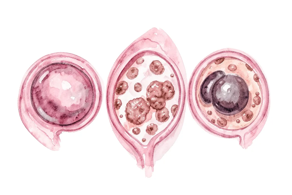 Ilustração médica mostrando diferentes tipos de endometriose: ovariana, profunda e peritoneal