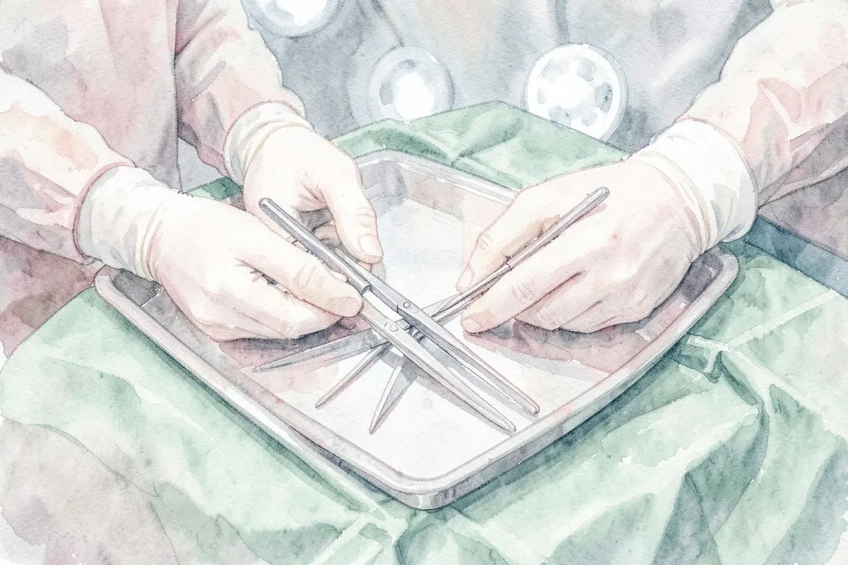 Mãos de médico preparando material cirúrgico em uma bandeja esterilizada