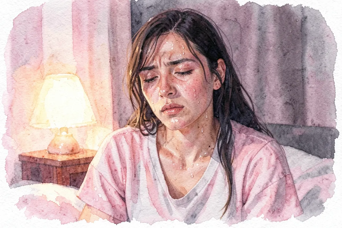 Mulher em plano médio, com expressão de cansaço e suor, luz de quarto à noite.