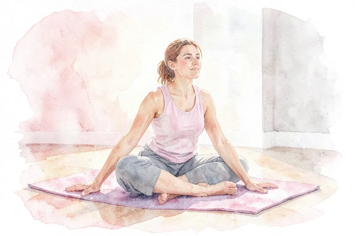 Mulher em plano médio, praticando yoga em um tapete, com expressão serena, luz suave da manhã. Cena ampla.