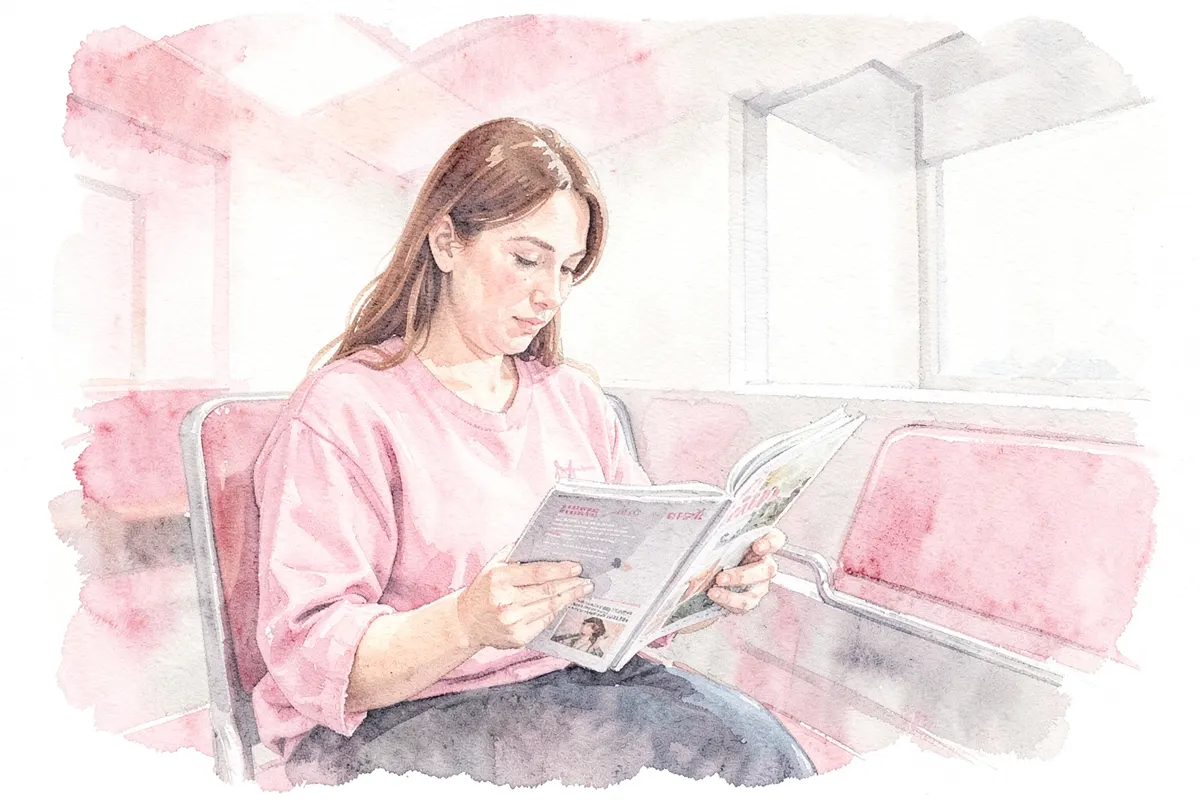 Mulher sentada em sala de espera de clínica médica com revista.
