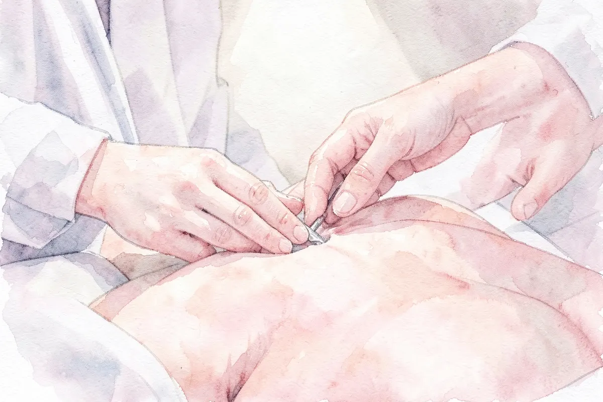 Mãos de médico examinando paciente em consultório ginecológico.