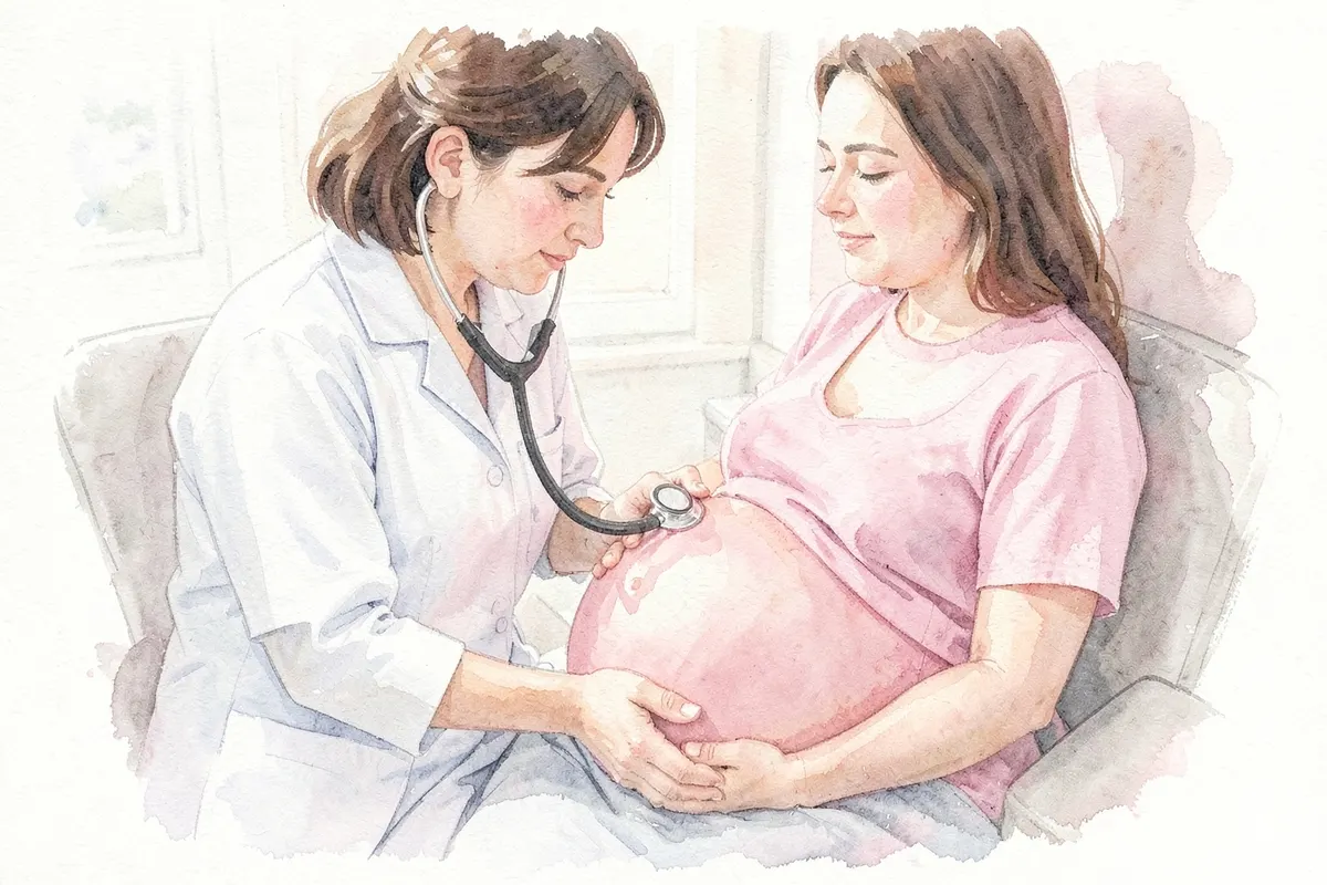 Ginecologista examinando a barriga de uma mulher grávida com um estetoscópio.
